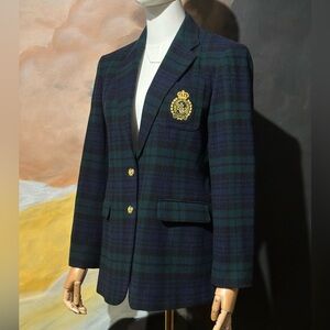 Vintage 90s Ralph Lauren Blackwatch Tartan Plaid Bullion Crest Wool Blazer Sz 6P